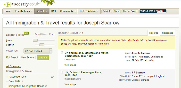 Search result for Joseph Scarrow on Ancestry for certificates of masters and mates